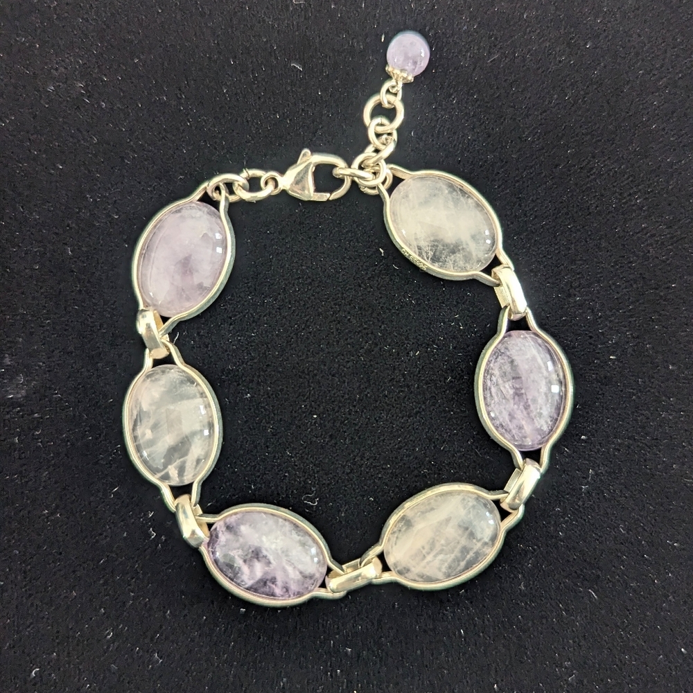 Vintage '90s Amethyst & Rose Quartz Cabochon Linked Sterling Silver Bracelet - Picture 3 of 15